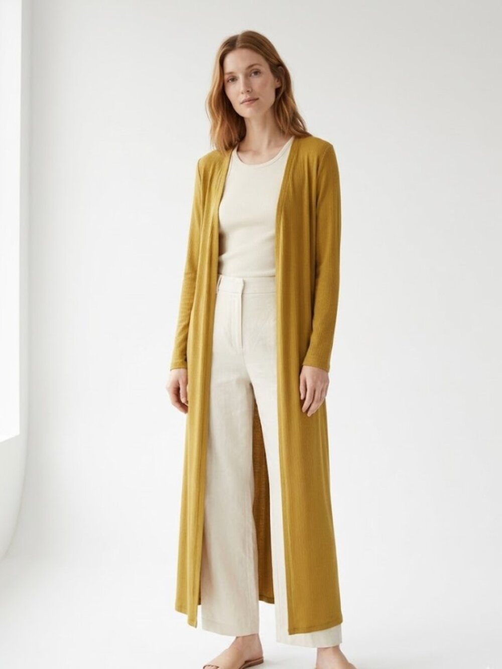 Cutely Covered Golden Chartreuse Longline Duster Cardigan Size L Rayon Blend